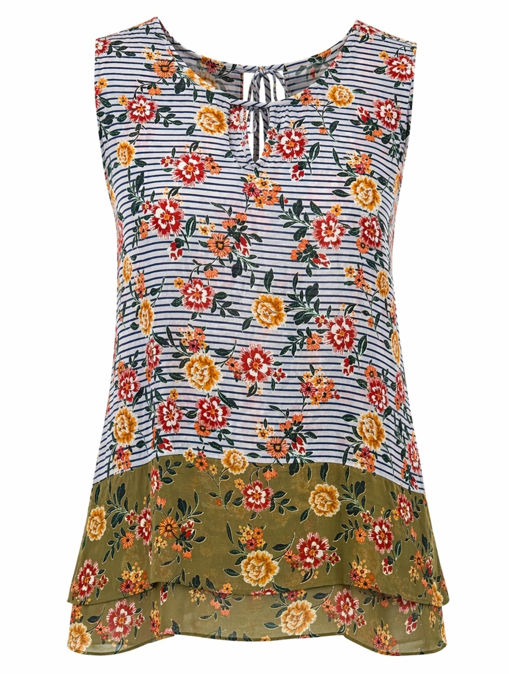 Cabi Floral Stripe Sleeveless Blouse Size Small Boho Sheer Layered Hem Top